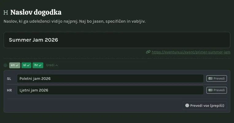 Vrstica značk za prevod pod poljem, med prevajanjem.