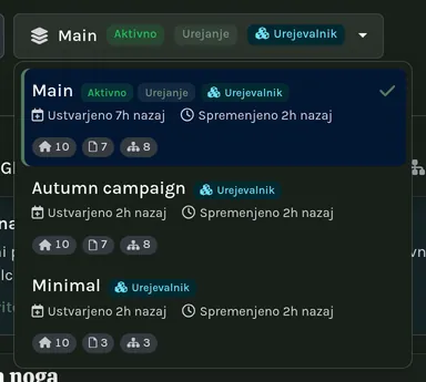Seznam različic: vaši osnutki in stran v živo.